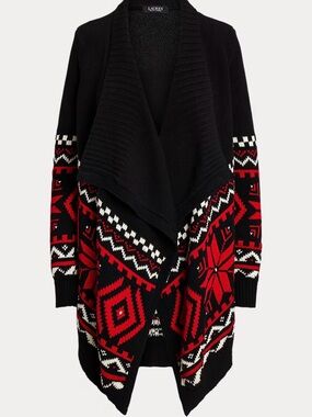 Ralph Lauren Black, Red & White Fair Isle Draped Cardigan